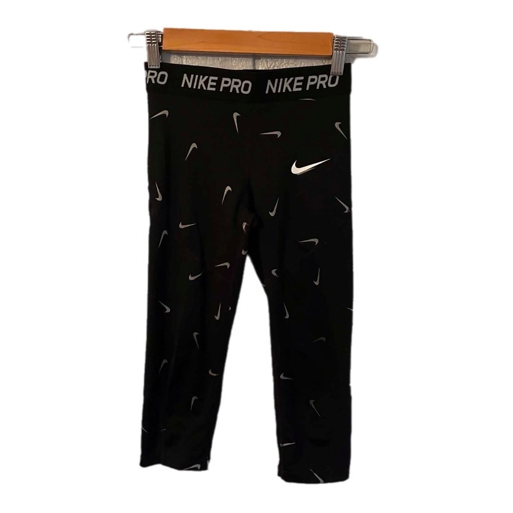 Nike Pro Leggings Kids Medium Black‎ Excellent Dri-FIT Cropped Swoosh Print